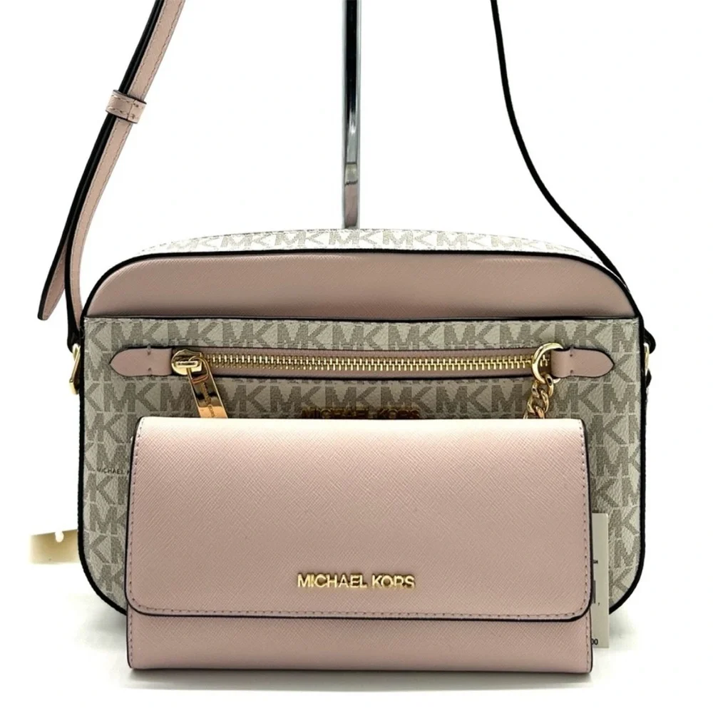 Michael Kors Jet Set LG Signature Logo Crossbody Bag & Matching Trifold Wallet - Picture 2 of 14